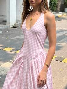 INAWLY Women Plaid Ruffle Hem Halter Neck Tie Mini Dress - Pink - View 4