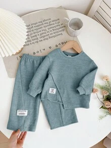 SHEIN 2pcs Baby Girl Casual Knit Blue Long Sleeve Top And Elastic Waist Pants Set, Autumn/Winter Toddler Set Baby Casual Set Baby Boy Set 2 Pc Set Baby Boy 2 Piece Toddler Set Fall
