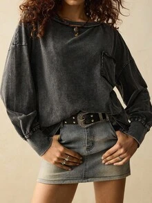 SoleilVie 万圣节休闲宽松黑色水洗工艺胸袋装饰长袖女式波西米亚风T恤 新款秋季时尚女装 秋季女装长袖上衣 返校季 万圣节秋季女装外出上衣 女式可爱上衣 T恤 女式秋季女装黑色上衣 - 黑色 - 查看 3