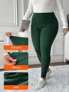 SHEIN LUNE Damskie legginsy plus size w jednolitym kolorze, przyjazne dla skóry, dopasowane, termiczne, z podszewką, zielone legginsy, ciepłe legginsy, krótkie legginsy dla kobiet, wygodne legginsy, termiczne legginsy dla kobiet