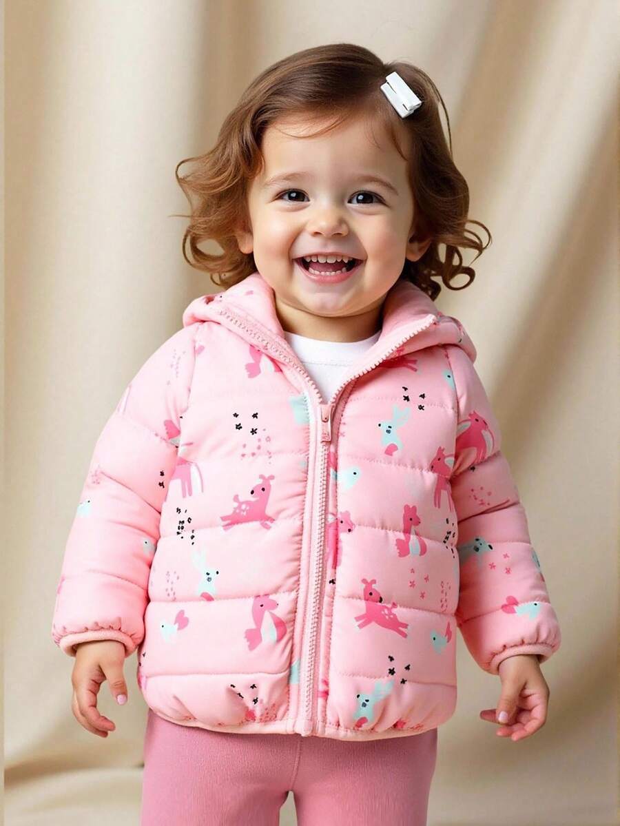 SHEIN 女婴厚连帽夹克，柔软蓬松的粉色印花冬季外套 - 彩色 - 查看 1