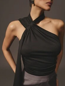 Hauture Formal Old Money Office Business Sexy Solid Color Halter Top - Black - View 2