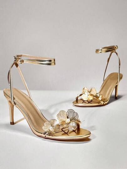 SHUZIA Sandalias de tacón alto elegantes con decoración de flores, metálicas de PU dorado, para uso diario, fiestas, playa y eventos, de estilo sexy