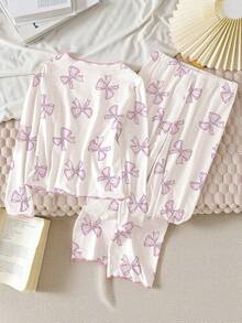 Tween Girls Pajama Set, White Base With Purple Watercolor Butterfly Print, Contrast Trim, Long Sleeve Top And Pants, Casual Loungewear Fall Winter - White - View 2