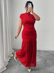Cravure Váy maxi chữ A xếp ly phối lưới hở vai màu đỏ thời trang mới cỡ lớn, cổ đứng, không tay, gợi cảm, thích hợp cho tiệc tốt nghiệp, kỳ nghỉ và hẹn hò - Đỏ - Xem 4