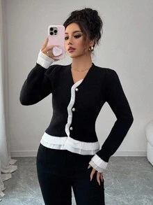 Elenzga Women's Elegant Ruffle Hem Colorblock Cardigan Sweater Fall Winter Cloth For Women - Black and White - View 5