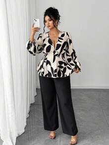 Elenzga Plus Size Women's Solid Color Leaf Print V-Neck Long Sleeve Ruffle Trim Elegant Blouse + Loose Casual Solid Color Pants 2 Pieces Set - Apricot - View 6