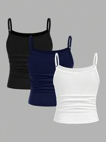 Girlism 3件套少女修身休闲运动吊带背心基础款上衣女童背心多件装女童吊带背心3件装上衣背心少女背心带胸罩 - 藏蓝色 - 查看 2