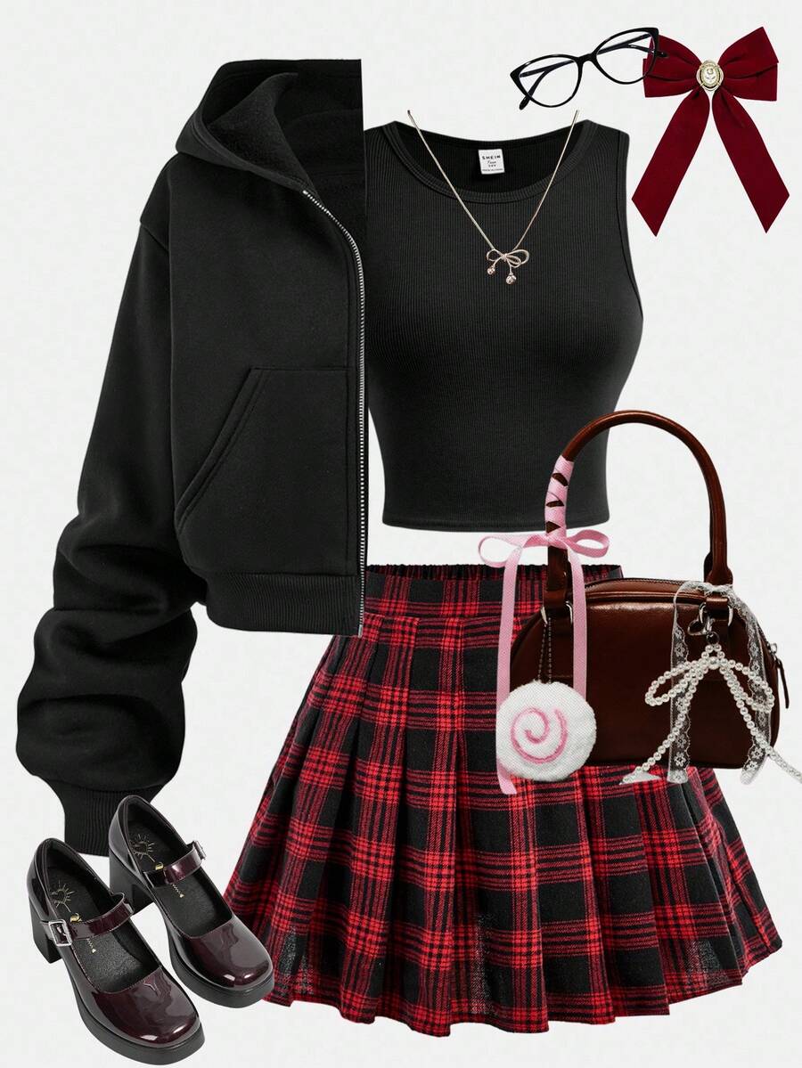 SHEIN Girlism 3 件套青少年女孩黑色连帽拉链运动衫、针织背心和褶皱格子裙，休闲校园/日常装 - 紅色 - 查看 1