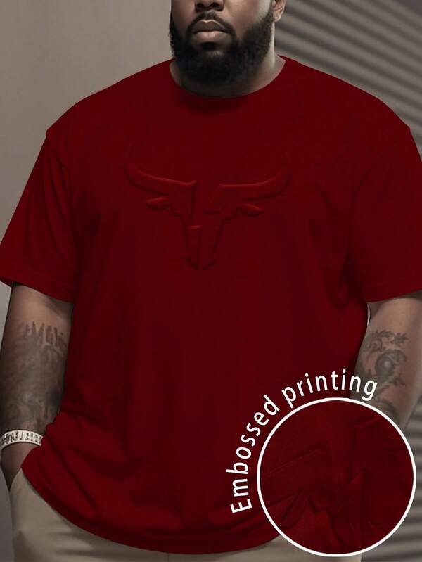 Manfinity Homme Plus Size Men's Casual Loose Fit Bull Head Embossed Round Neck Short Sleeve T-Shirt