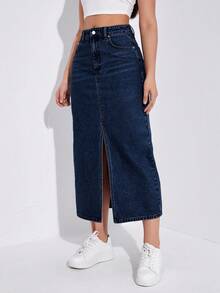 EURMUSE Casual Washed Front Slit Denim Mini Skirt - Dark Wash - View 7