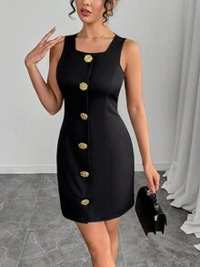 INAWLY Women Elegant Metal Decorative Sleeveless Mini Dress - Black - View 6