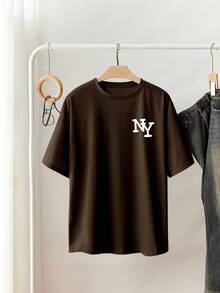 女式锈棕色 NY 字母印花宽松圆领短袖 T 恤，休闲夏季上衣，优雅舒适的设计，适合休闲外出 - 鏽棕色 - 查看 5