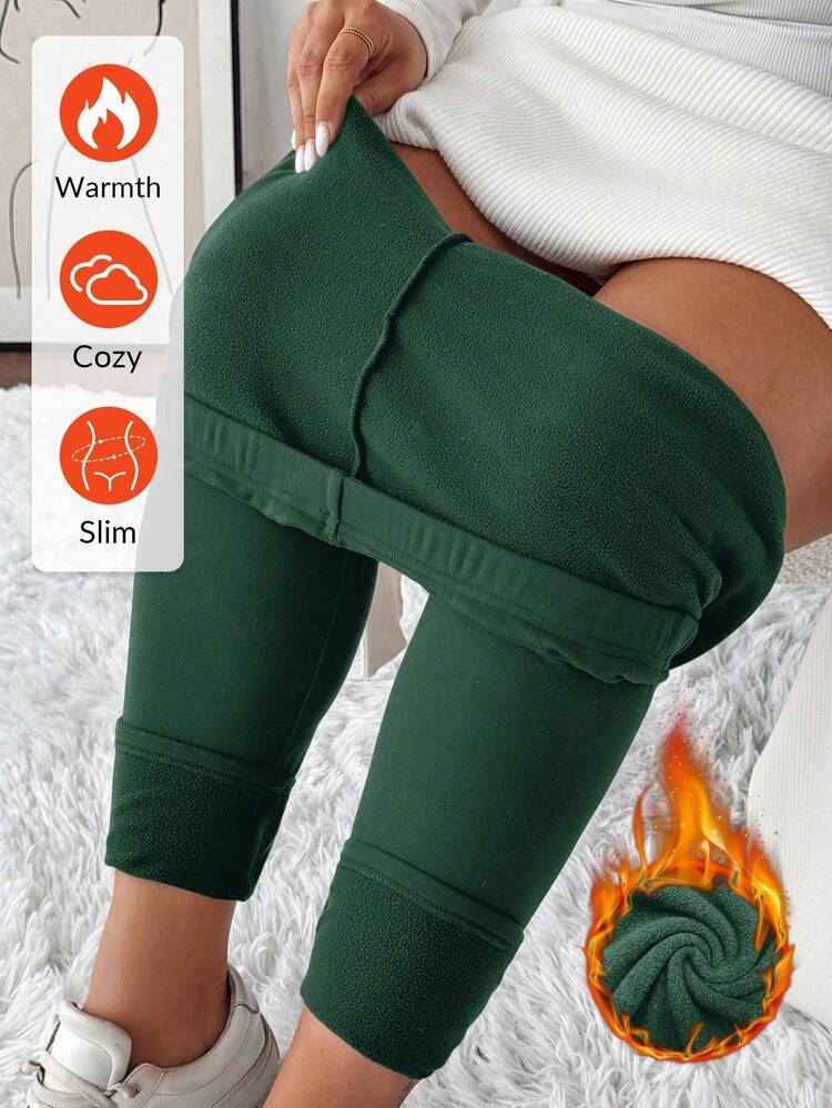 Plus Size Women Solid Color Skin-Friendly Fitted Thermal Lined Leggings Green Leggings Warm Leggings Short Leggings For Women Cozy Leggings Thermal Leggings For Women