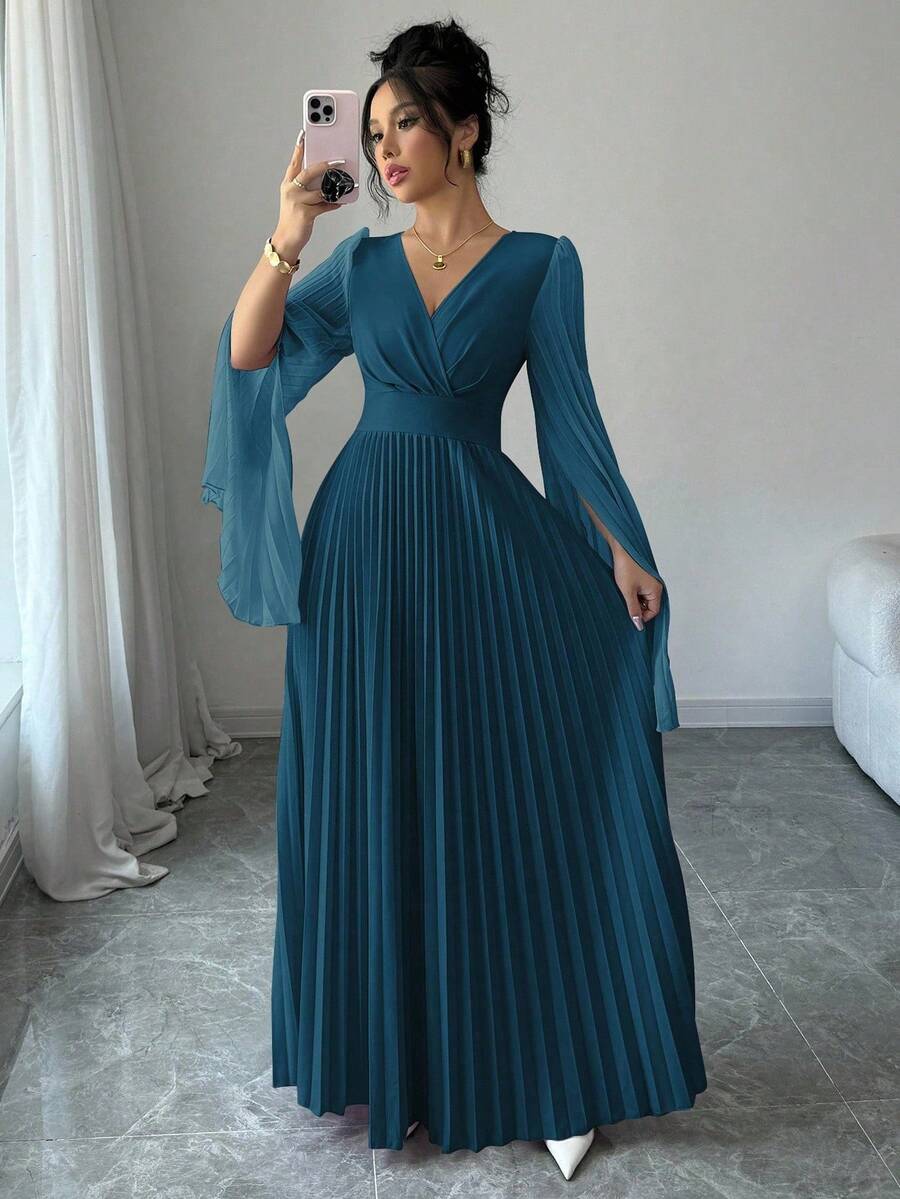 Elenzga V-Neck Pleated Open Sleeve Elegant Romantic Women Dress Maxi Women Outfit Fall Cloth For Women - Teal Blue - View 1