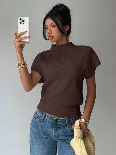 Aloruh Women's Fashion Casual Basic Crew Neck Short Sleeve Sweater,Fall,Brown Sweater