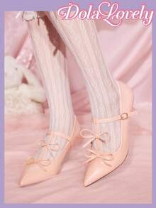 Dola Lovely Women's Pointed Toe Pumps With Dual Bow Decor, Sweet Mary Jane Style Heels, Pink, Suitable For All Seasons - Pink - View 4