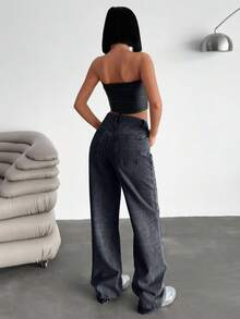 EURMUSE Low Waist Wash Detailed Wideleg Jean - Light Grey - View 2