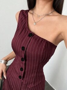 SHEIN Unity 2 件套女士休闲卡其色条纹不对称肩部设计 - 酒紅色 - 查看 6