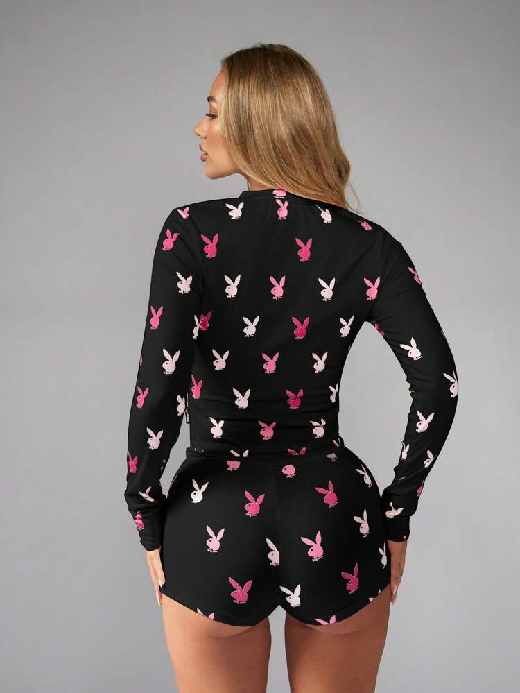 Missguided x Playboy Christmas Long Sleeve Button Up Crop Top And Shorts With Bunny Print