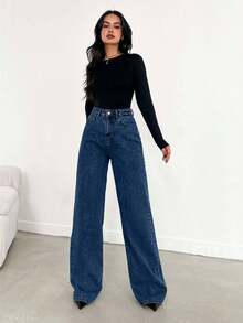 EURMUSE QUẦN JEAN XANH DƯƠNG CỠ CAO CHÂN RỘNG VÁY DÀI - 716 GR - Màu xanh hải quân - Xem 5