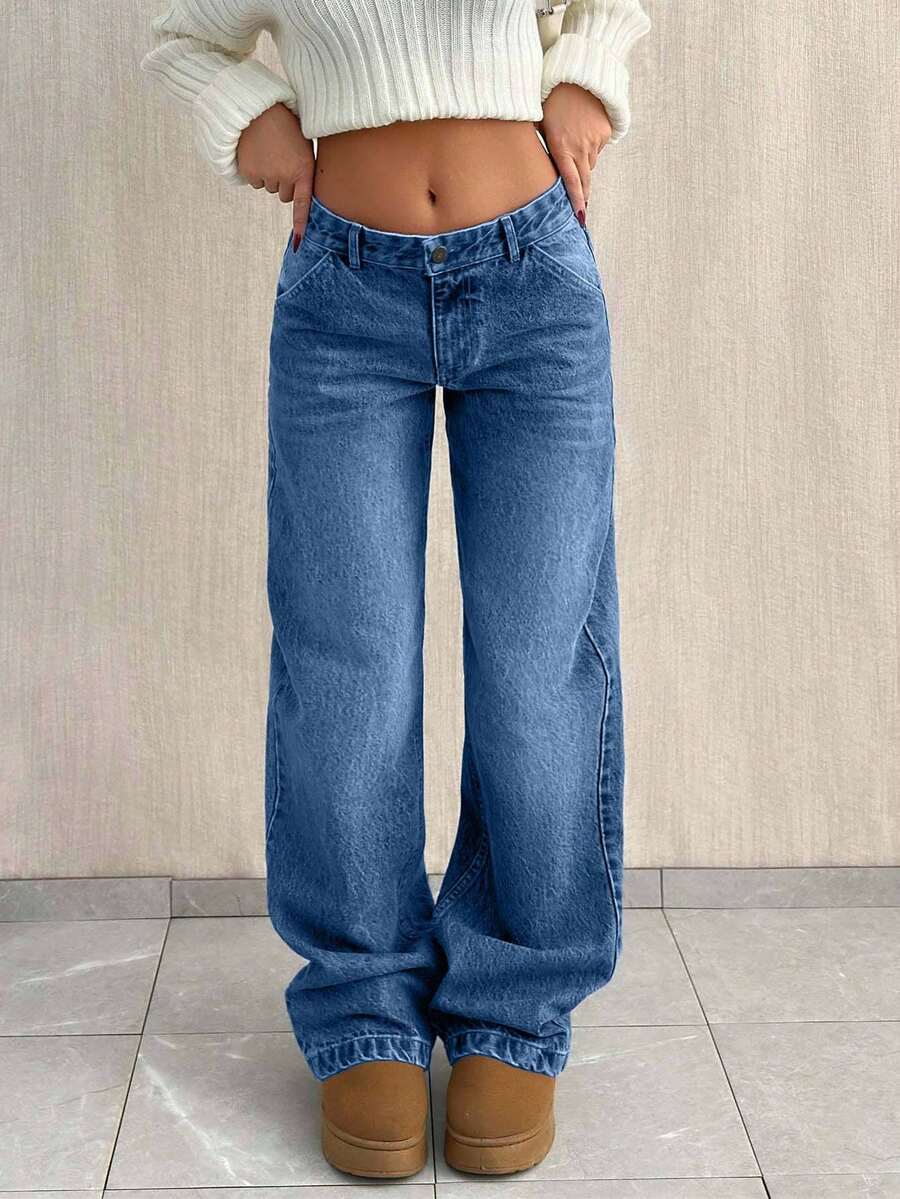 SHEIN Tall TALL SIZE LOW WAIST BAGGY LOOSE STRAIGHT LEG JEAN - Medium Wash - View 1