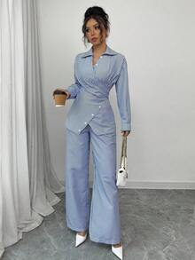 Modelyn 2 件套女士编织条纹蓝色系带前开衫和长袖上衣套装 - 藍色 - 查看 5