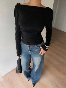 Siren Gaze 深 V 背长袖上衣 - 黑色 - 查看 7