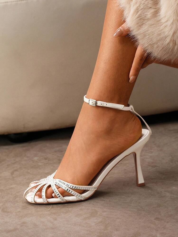 CUCCOO SZL White PU Rhinestone Embellished Strap Buckle Closure Fashionable Sexy Round Toe Party Dress White Heeled Sandals