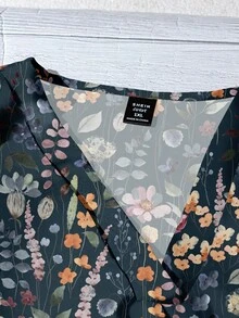 EMERY ROSE Damen Große Größen Lässig Blumen Muster V-Ausschnitt Volantärmel Bluse, geeignet für Sommer Blumen Bluse Damen Boho Hemden Damen Damen Sommer Blusen Sommer Lässig Tops im Herbst/Winter - Graublau - Übersicht 4