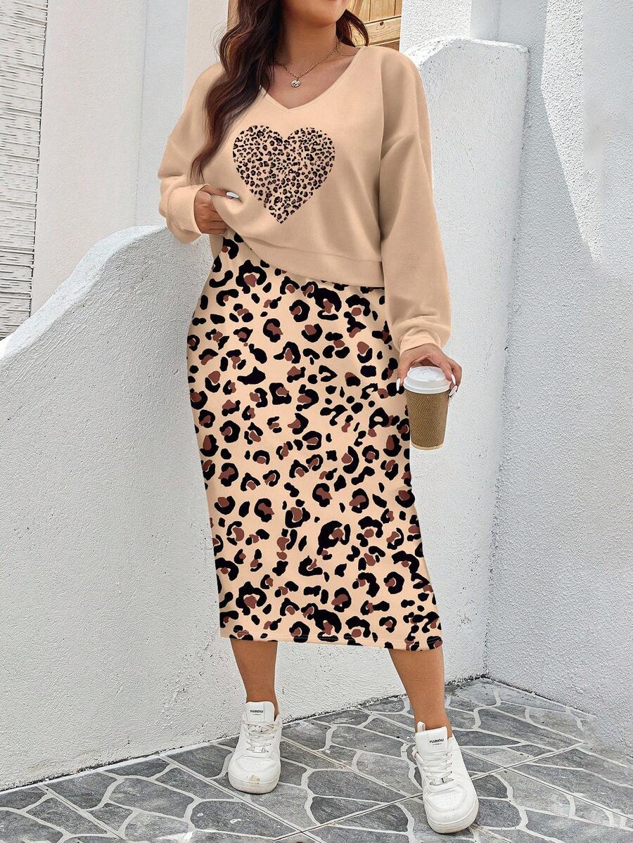 SHEIN LUNE Bộ 2 món áo nỉ in hình trái tim và da báo thường ngày cỡ lớn dành cho nữ, mùa thu/đông - Màu be - Xem 1