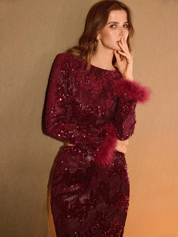 CONTRAST SEQUIN FUZZY TOP AND SLIT SKIRT SET, PARTY OUTFIT, CHRISTMAS , RED , NEW YEAR OUTFIT