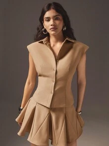 Hauture Old Money Elegant Camel Summer Office Blouse For Women, Business Casual Waist Cinched Sleeveless Button Down Top,High Fashion Minimalist Workwear - Khaki - View 3