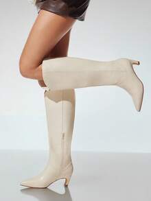 SHUZIA Nuevas botas altas versátiles de mujer de punta fina con tacón de gatito, de PU, cálidas y cómodas, para uso diario, otoño, invierno y vacaciones - Blanco - Ver 2