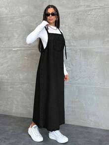 EURMUSE WOMEN LONG DENIM DRESS POCKET DETAILED - Black - View 1