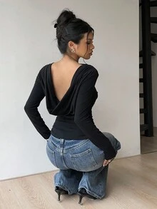 Siren Gaze 深 V 背长袖上衣 - 黑色 - 查看 2