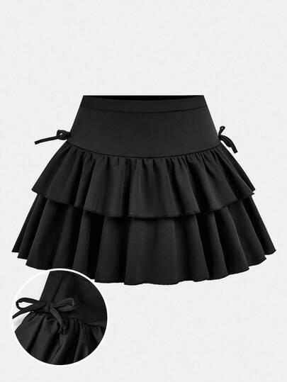 SHEIN Girlism 青少年女孩休闲装、运动装、学校装、返校装、黑色内裤搭配荷叶边下摆溜冰裙，春夏季