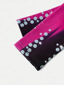 SHEIN 青少年女孩休闲运动体操瑜伽高弹力扎染水钻印花露背镂空连体裤 - 玫紅色 - 查看 4