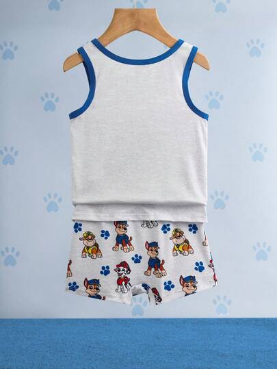 SHEIN | PAW Patrol 男童撞色边卡通图案圆领背心和短裤内衣套装