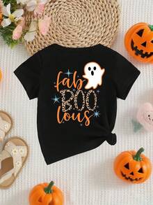 SHEIN Playful Pals 女婴万圣节南瓜、可爱鬼魂、不给糖就捣蛋、怪异小动物、恐怖季节、秋季氛围休闲创意图案印花短袖 T 恤 - 黑色 - 查看 4