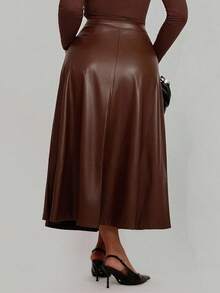 Xyvia 高品质 PU 皮革 A 字形喇叭拉链裙 - 棕色 - 查看 2