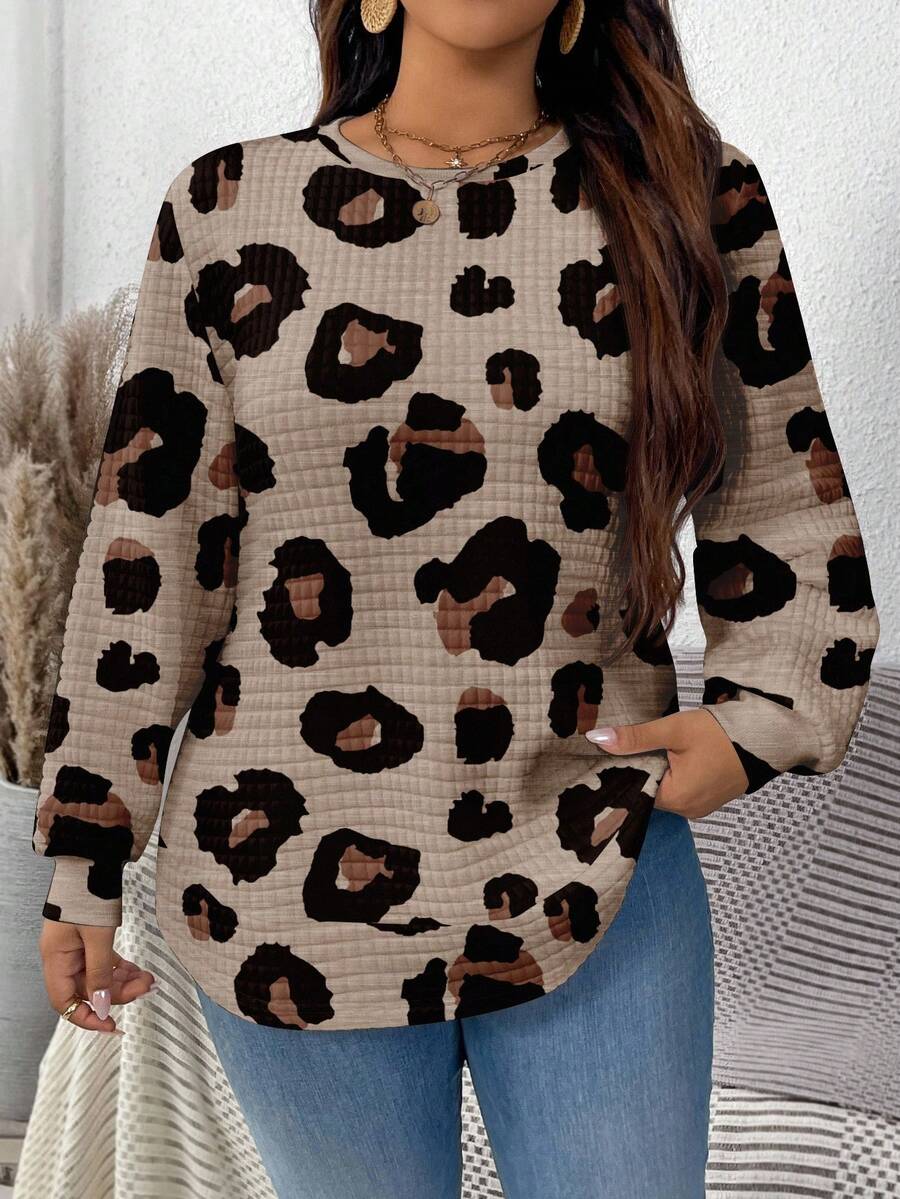 EMERY ROSE Lässiger minimalistischer Leoparden-Muster Muster Loose Fit Rundhals Langarm Waffel-Strick Sweatshirt für Frauen, Herbst/Winter, Weißer Sweatshirt, Herbst Sweatshirt - Verschiedenfarbig - Übersicht 1