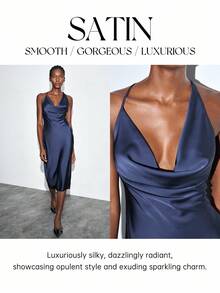 Maija 女士深蓝色不对称领宽松连衣裙，百搭时尚，四季皆宜的设计，露背细节，优雅别致，适合商务、休闲、办公室穿着，适合城市、社交、度假、派对缎面中长连衣裙蓝色缎面连衣裙垂坠缎面连衣裙围脖领缎面连衣裙蓝色中长连衣裙蓝色鸡尾酒会连衣裙围脖领连衣裙垂坠连衣裙优雅知性的女性婚礼宾客礼服和美丽的法式宽松高端的知性与优雅感老钱风格巡航服装度假服四季 - 藏蓝色 - 查看 2