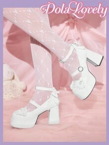 Dola Lovely 女士白色高跟玛丽珍鞋，带绑带，防水台，洛丽塔哥特甜美 JK 风格蝴蝶结浅口鞋，适合万圣节、圣诞节 - 白色 - 查看 3