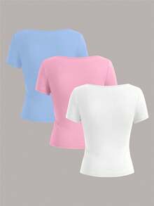 SHEIN EZwear 3pcs Women's Square Neck Short Sleeve Cropped Casual Fitted T-Shirts, Suitable For Summer