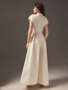 Hauture 女式办公室休闲性感前拉链阔腿短袖连体裤 - 杏色 - 查看 5