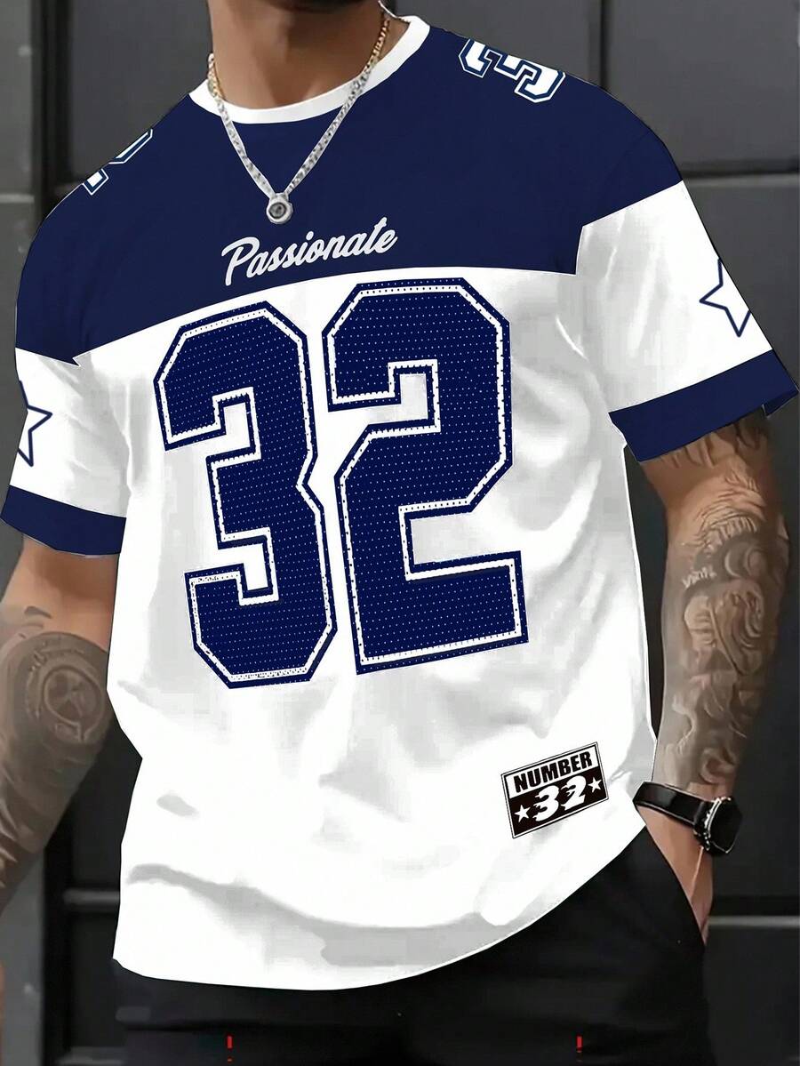 Manfinity Homme 男式拼色字母与数字图案圆领短袖 T 恤 - 彩色 - 查看 1