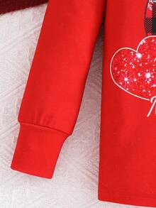 SHEIN Young Girl Christmas Gingerbread Man, Snowman, Santa Graphic Soft Cozy Thermal Lined Long Sleeve Top And Pants Snug Fit Loungewear, Suitable For Autumn/Winter - Red - View 3