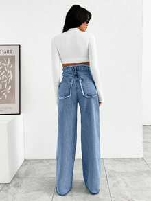 EURMUSE HIGH RISE WIDELEG JEAN WITH FRAYED POCKET - Baby Blue - View 2