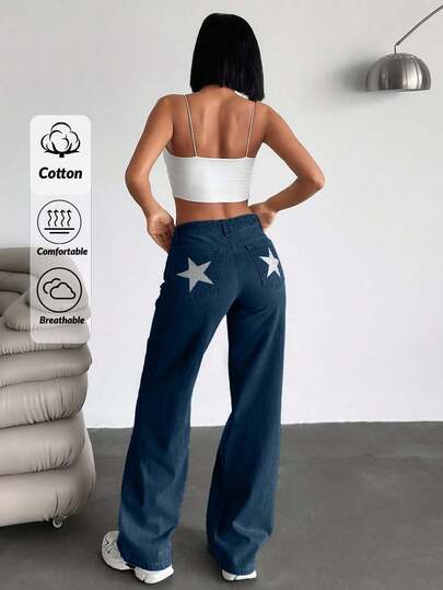 EURMUSE Casual Washed Star Print Low Waist Straight Leg Jeans